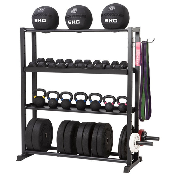 Stället kan användas för bumpervikter, kettlebells, hantlar, bollar, powerbands och små 50 mm viktskivor